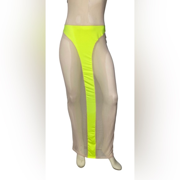 C.BRIDGETT Sexy Neon Yellow & Nude Sheer Mesh Color Block Halter Dress Cover Up - Picture 10 of 14